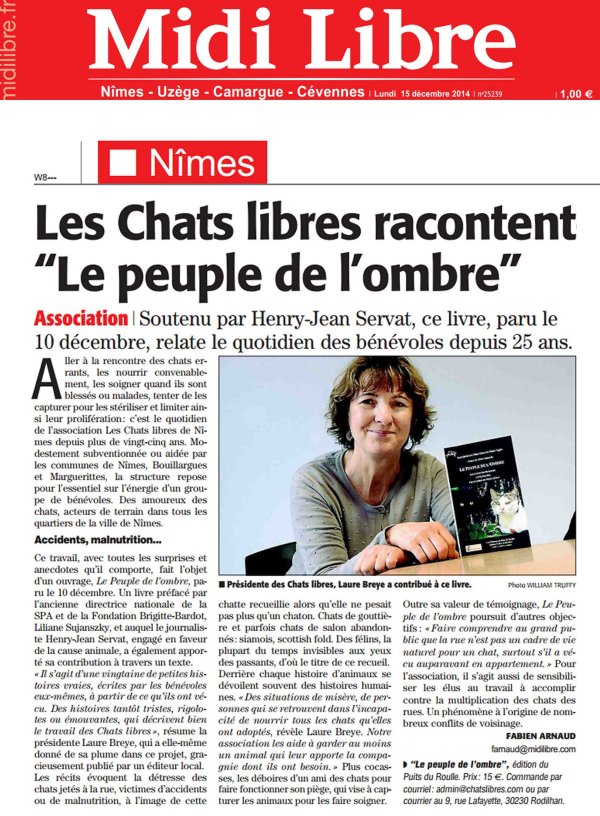 Chats Libres de Nîmes Agglo Midi Libre Peuple de l'ombre Editions du Puits de Roulle